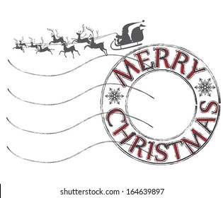 Post Letter Stamp With Merry Christmas Good Wishes And Santa Claus With Reindeer Silhouette