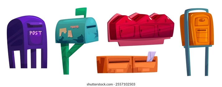 Post and letterbox collection with pedestal mailbox, rural box on wooden pole, red triple compartment unit, orange wall mount slots and standing postal container. Urban communication infrastructure.