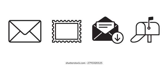 Post mail communication icons collection with envelope stamp download message and mailbox black vector outline