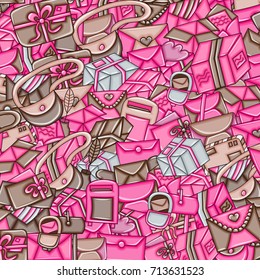 Post and mail delivery concept. 3d cartoon doodle background design. Hand drawn colorful vector illustration. Pink and brown color.