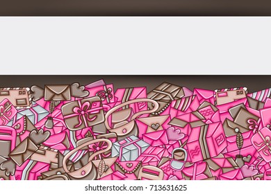 Post and mail delivery concept. 3d cartoon doodle background design. Hand drawn colorful vector illustration. Pink and brown color