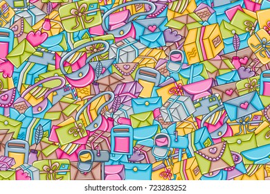 Post and mail delivery concept. 3d cartoon doodle background design. Hand drawn colorful vector illustration.