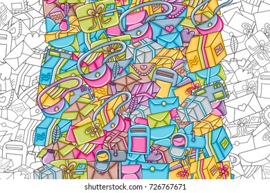 Post and mail delivery concept. Cartoon doodle background design. Hand drawn black and white outline coloring page vector illustration.