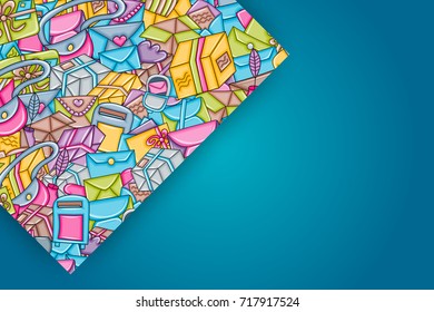 Post and mail delivery concept. ?artoon doodle background design. Hand drawn colorful vector illustration. Green and brown color.