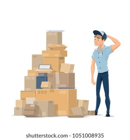 Post mail delivery flat icon of postman and parcels stack for shipping. Vector design of mailman in uniform looking thoughtfully at mail boxes and letters with delivery stamps