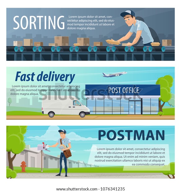 Post mail delivery and postage service banners\
of post shipping transport and postman at sorting center. Vector\
flat design of post delivering parcels and letter envelops or\
shipment cargo transport