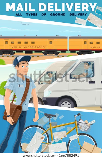 Post\
mail delivery service, vector. Fast courier postman, van, bike and\
railway train post and parcel shipping. Express delivery service,\
cartoon post office man with bag for\
correspondence