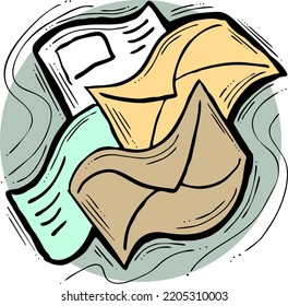 Post mail envelop to send letter, wedding invitation, birthday congratulation postcard. Delivering information old way offline. Hand drawn illustration, cartoon vintage line style vector drawing.