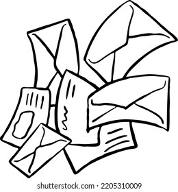 Enviar correo electrónico para enviar carta, invitación de boda, postal de felicitación de cumpleaños. Entregar información fuera de línea. Ilustración dibujada a mano, dibujo vectorial de estilo de línea vintage de dibujos animados.