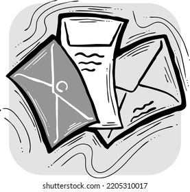 Post mail envelop to send letter, wedding invitation, birthday congratulation postcard. Delivering information old way offline. Hand drawn illustration, cartoon vintage line style vector drawing.