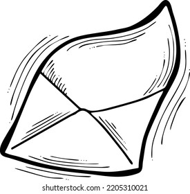 Post mail envelop to send letter, wedding invitation, birthday congratulation postcard. Delivering information old way offline. Hand drawn illustration, cartoon vintage line style vector drawing.