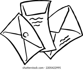 Post mail envelop to send letter, wedding invitation, birthday congratulation postcard. Delivering information old way offline. Hand drawn illustration, cartoon vintage line style vector drawing.