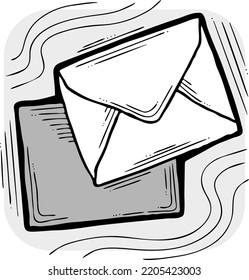 Post mail envelop to send letter, wedding invitation, birthday congratulation postcard. Delivering information old way offline. Hand drawn illustration, cartoon vintage line style vector drawing.