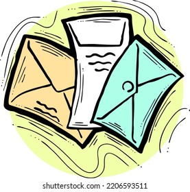 Post mail envelop to send letter, wedding invitation, birthday congratulation postcard. Delivering information old way offline. Hand drawn illustration, cartoon vintage line style vector drawing.