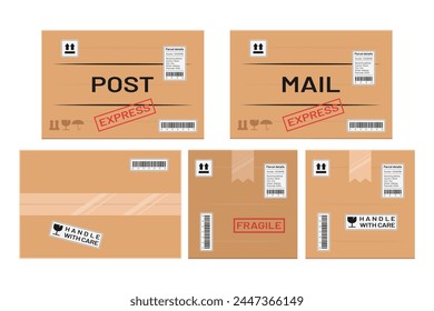 post mail parcel cardboard box packages side top view set vector flat illustration