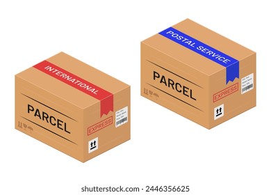 post mail parcel isometric cardboard box packages set vector flat illustration