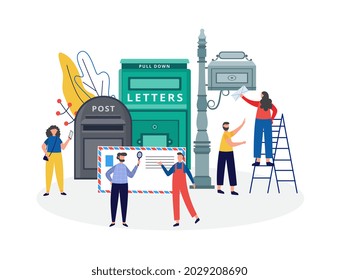 Cartel de servicios de correo con caricaturistas enviando cartas, ilustración plana vectorial aislada en fondo blanco. Concepto de comunicación y correo postal.