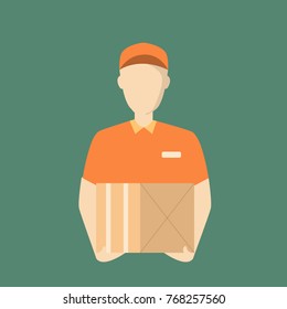 Post man in uniform with box icon.