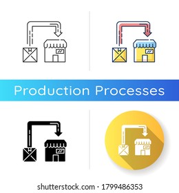 Post manufacturing icon. Linear black and RGB color styles. Post production, commercial distribution. Package delivery service. Sending product to stores. Isolated vector illustrations