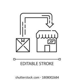 Post manufacturing pixel perfect linear icon. Post production, commercial distribution thin line customizable illustration. Contour symbol. Vector isolated outline drawing. Editable stroke