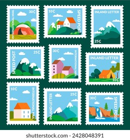 Conjunto de diseño de marca de correos con paisaje de naturaleza de dibujos animados. Colorido edificio de viviendas en las colinas, colección de sellos postales, ilustración vectorial. Tiendas de senderismo, cascada en la marca de correos decorativa