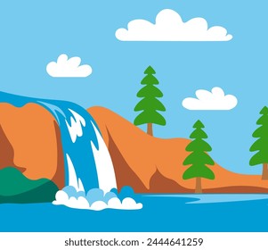Post mark design set with cartoon nature landscape. Colorful home building at hills, postal stamp collection, vector illustration. Hiking tents, waterfall at decorative postage mark