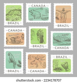 Post mark set with canada, brazil national elements. Postage stamp collection with hand drawn country nature, animals and food, vector illustration. Decorative design with colorful background