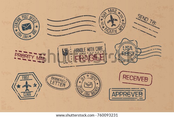 Post marks set on craft paper\
Background. Set of Blank Postage Stamps. Vector\
illustration