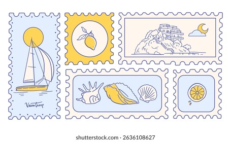 Post marks set with Summer in Italy. Amalfi. Hand drawn vector illustration of postage stamps with image of Italian coast, seashells, yacht and lemons drawing. Mediterranean vacation post cards.