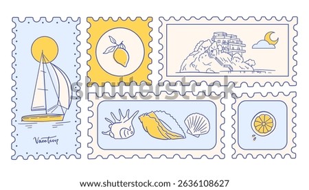 Post marks set with Summer in Italy. Amalfi. Hand drawn vector illustration of postage stamps with image of Italian coast, seashells, yacht and lemons drawing. Mediterranean vacation post cards.