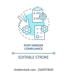 Post Merger Compliance Turquoise Concept Icon. Parties Obligations. Stage Of Merger Abstract Idea Thin Line Illustration. Isolated Outline Drawing. Editable Stroke. Arial, Myriad Pro-Bold Fonts Used