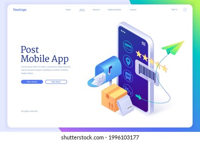 Post mobile app isometric landing page, smartphone with mail application, parcels and envelopes in box. Postal delivery, logistic and tracking control service for mobile phone, 3d vector web banner