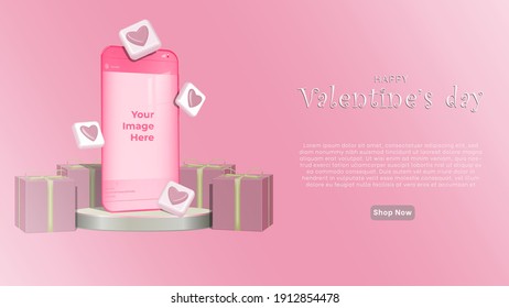 Post Mockup On Smartphone Template Banner Valentine Wedding. 3d Vector Illustration. Abstract Background In Pink Colour For Happy Valentines Day. Show And Sale Your Product.