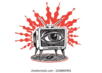 Post modern art of retro tv with eyes. Vector graphic