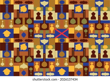 Post modern artwork with colorful seamless pattern squares background, traditional musical instruments, pottery containers and motifs inspired by music hall of Ali Qapu palace in Isfahan, Iran.