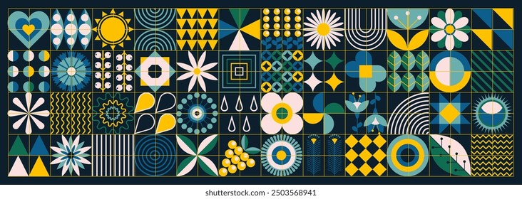 Post modern floral pattern. Scandinavian style. Ukrainian motifs. Natural organic flower plants. Eco agriculture concept. Mosaic abstraction. Geometric minimal illustration