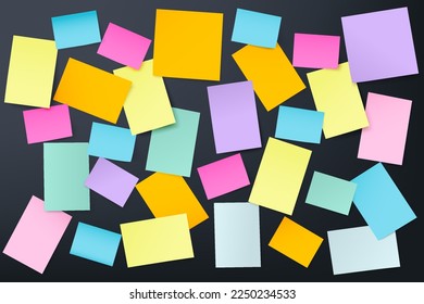 Post it multicolor vector design on Dark background, Realistic blank paper stickers of different sizes and shapes. You can used for presentations layout, taking notes, message or authors declare.