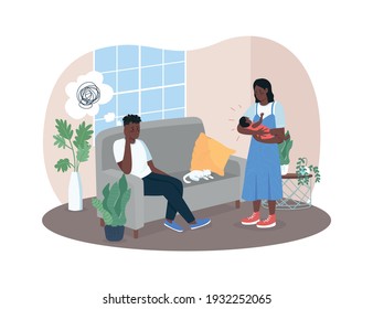 Post natal depression 2D vector web banner, poster. Young african american family flat characters on cartoon background. Relationship conflict printable patch, colorful web element
