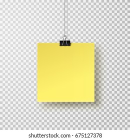 Post note with clip isolated on transparent background. Metal blinder attach with shadow on paper sheet. Vector silver paperclip on yellow office memo for advertising design.
