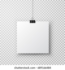 Post note with clip isolated on transparent background. Metal blinder attach with shadow on paper sheet. Vector silver paperclip on white office memo for advertising design