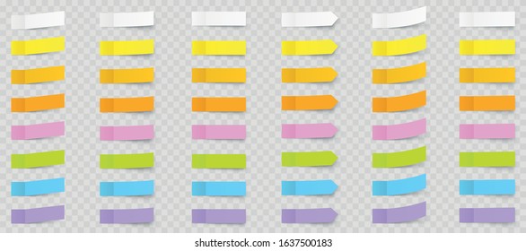 Post note colorful sticker set. Paper sticky tape with shadow. Realistic rectangle empty office blanks. Reminder lists isolated on a transparent background - stock vector.