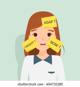 post it note on business woman's  face. business people character. memo in the job.