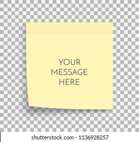 Post note paper sheet. Sticky sticker. Vector office memo template. Blank yellow square adhesive sticker mock up with curved corner. 
