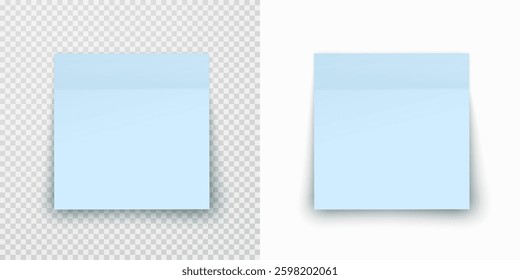 Post note paper sheet or sticky sticker with shadow isolated on transparent and white  backgrounds. Vector blue office memo template