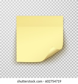 Post note paper sheet or sticky sticker with shadow isolated on transparent background. Vector yellow office memo template.