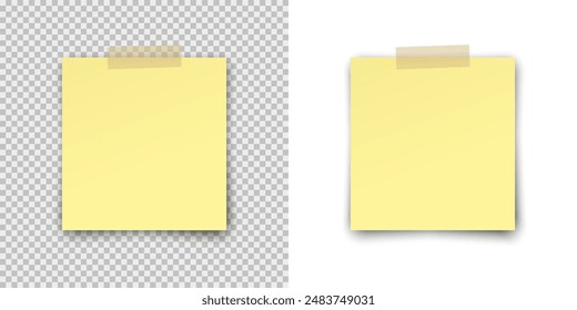 Post note paper sticker isolated on transparent and white  backgrounds. Vector yellow office memo pin on translucent sticky tape with shadow
