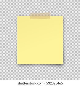 Post note paper sticker isolated on transparent background. Vector yellow office memo pin on translucent sticky tape with shadow.