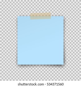 Post note paper sticker isolated on transparent background. Vector blue office memo pin on translucent sticky tape with shadow.