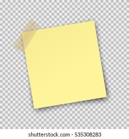 Post note paper sticker isolated on transparent background. Vector yellow office memo pin on translucent sticky tape with shadow.