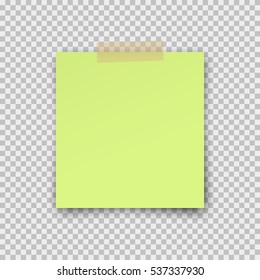 Post note paper sticker isolated on transparent background. Vector green office memo pin on translucent sticky tape with shadow.